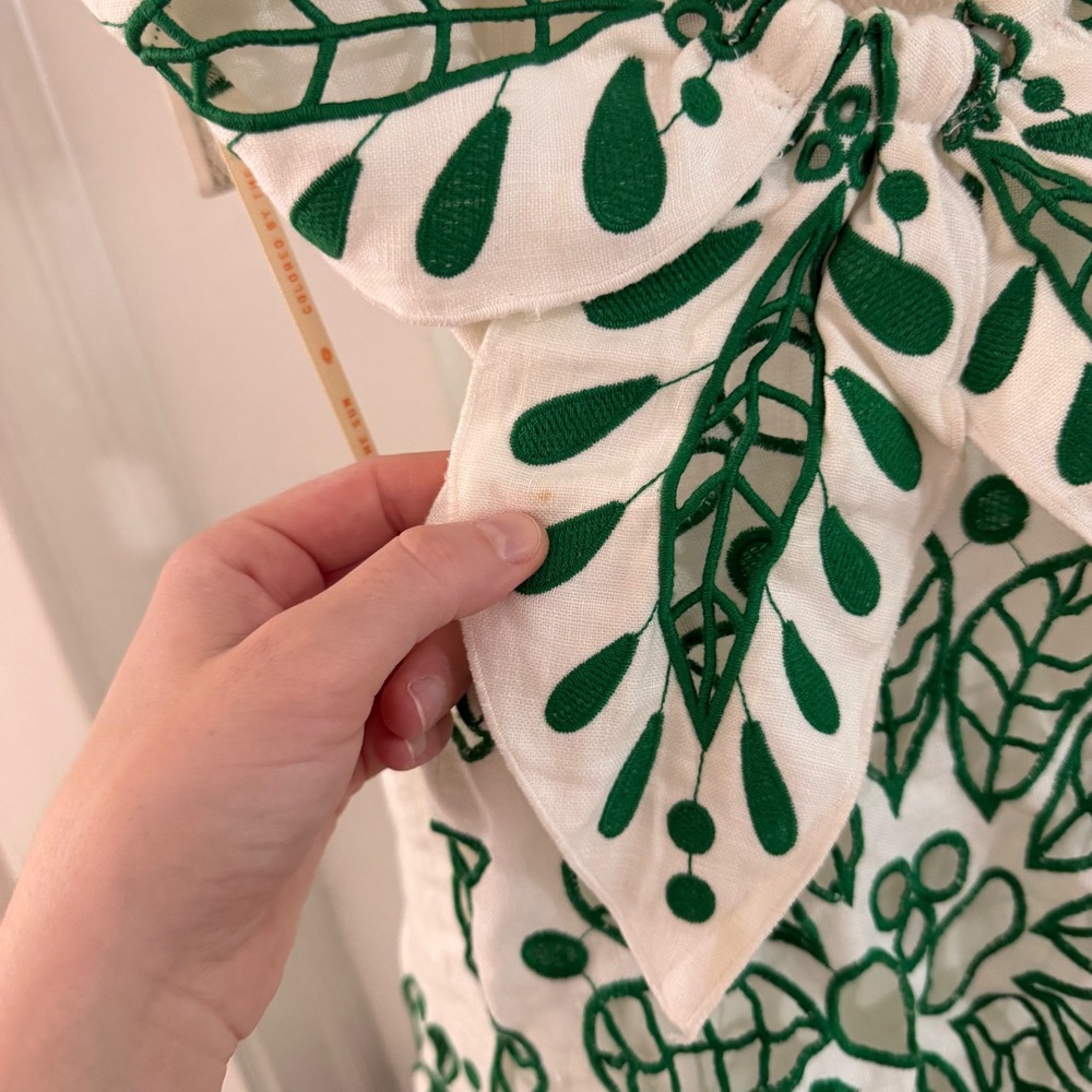 FARM Rio Flower Richelieu Linen Midi Dress Green White Cutout Tiered XS Boho - Picture 3 of 12